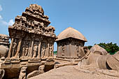 Mamallapuram - Tamil Nadu. The five Rathas. The group of the Arjuna Ratha, Draupadi Ratha and Nandi the bull. 